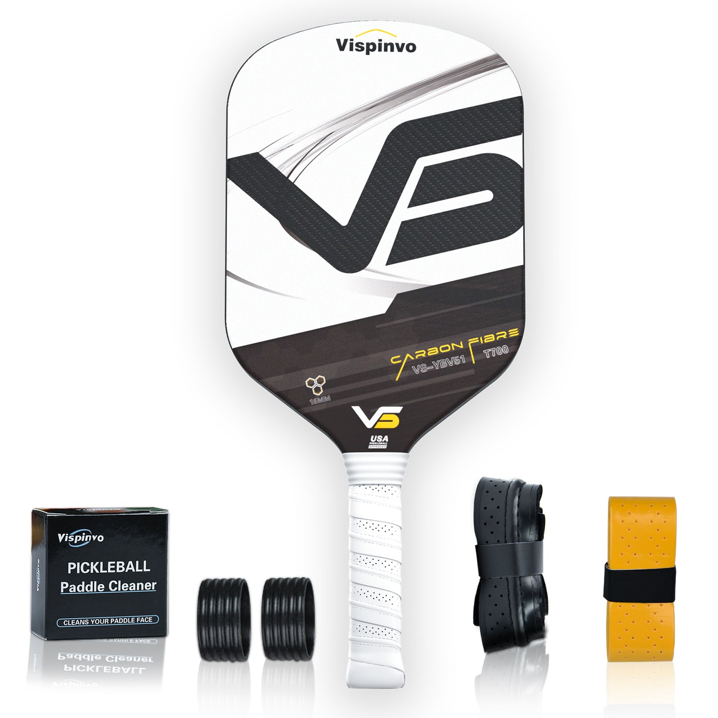 USAPA Approved High Quality Paddle, VISPINVO VS-YBV51 16MM Edgeless, 3K T700 Thermoformed Raw Carbon Fiber Pickleball Paddle, Foam Injected Edges for Expanded Sweet Spot