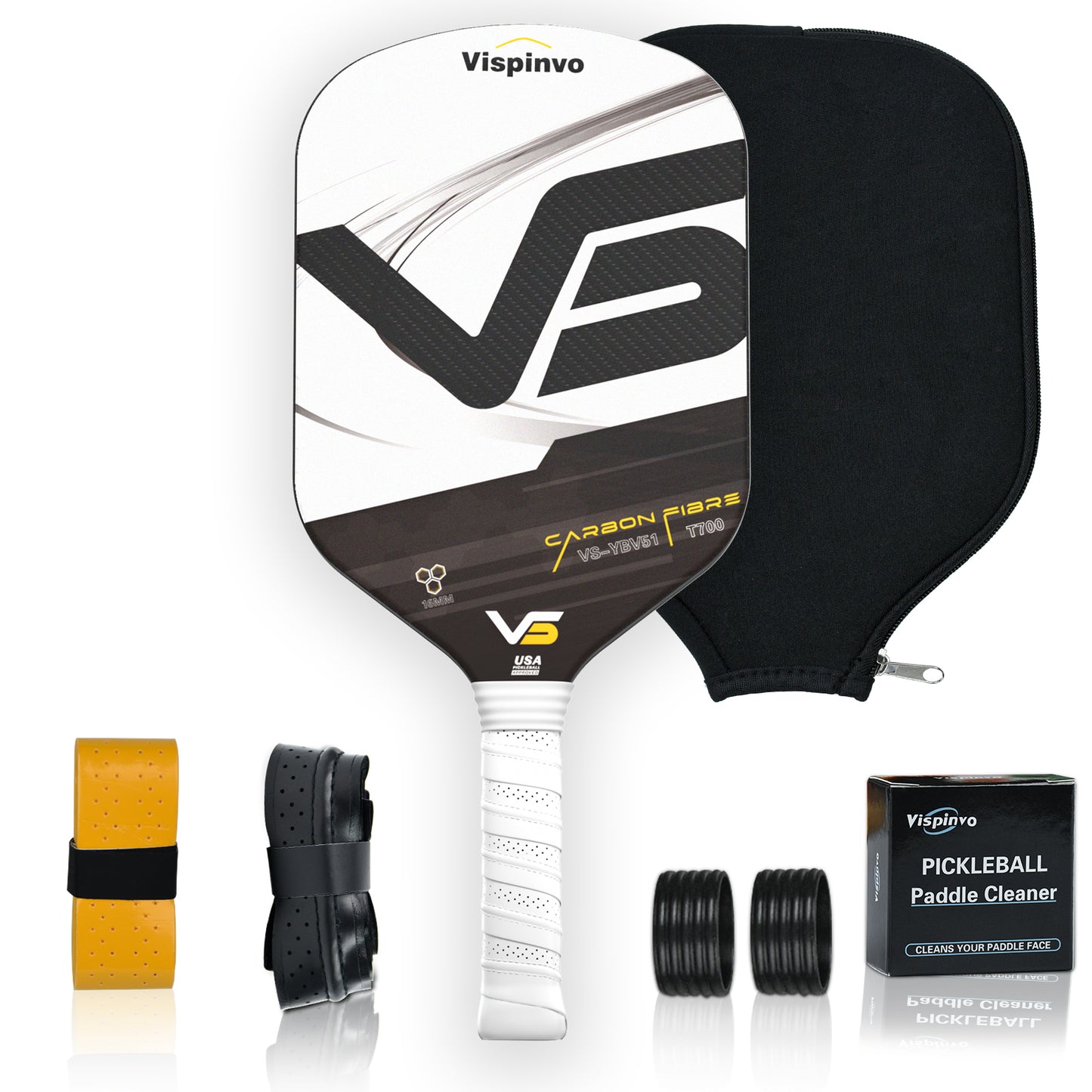 USAPA Approved High Quality Paddle, VISPINVO VS-YBV51 16MM Edgeless, 3K T700 Thermoformed Raw Carbon Fiber Pickleball Paddle, Foam Injected Edges for Expanded Sweet Spot