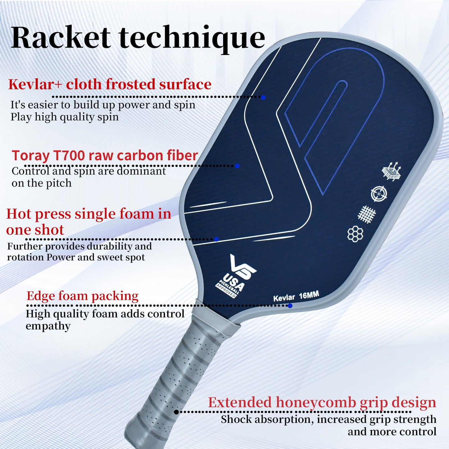 Kevlar Racket Raw Carbon Fiber T700 16MM Polypropylene Honeycomb Core Pickleball Paddle Designed for Control Spin & Consistency