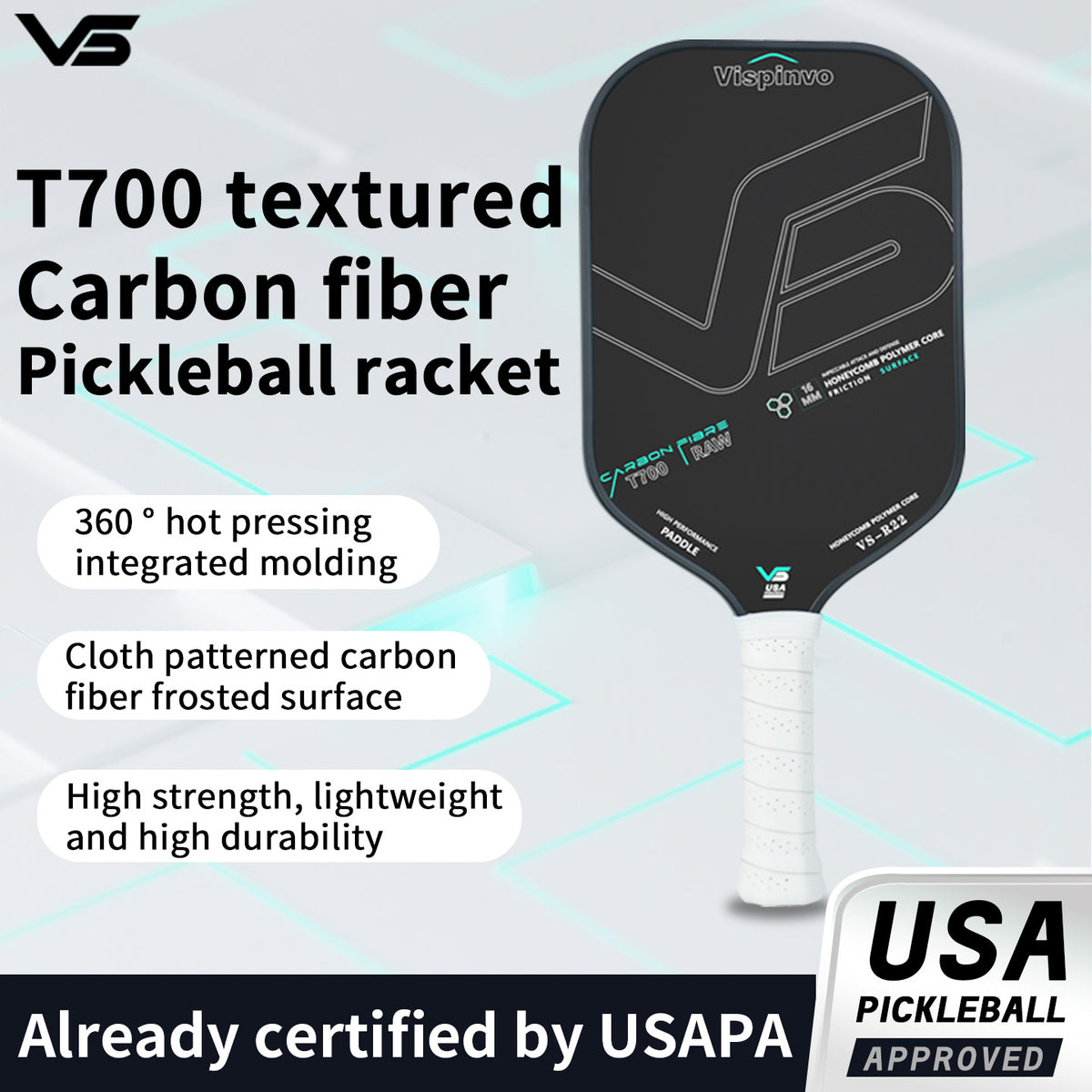 Vispinvo R22 Black Pickleball Paddle, T700 Carbon Fibre/