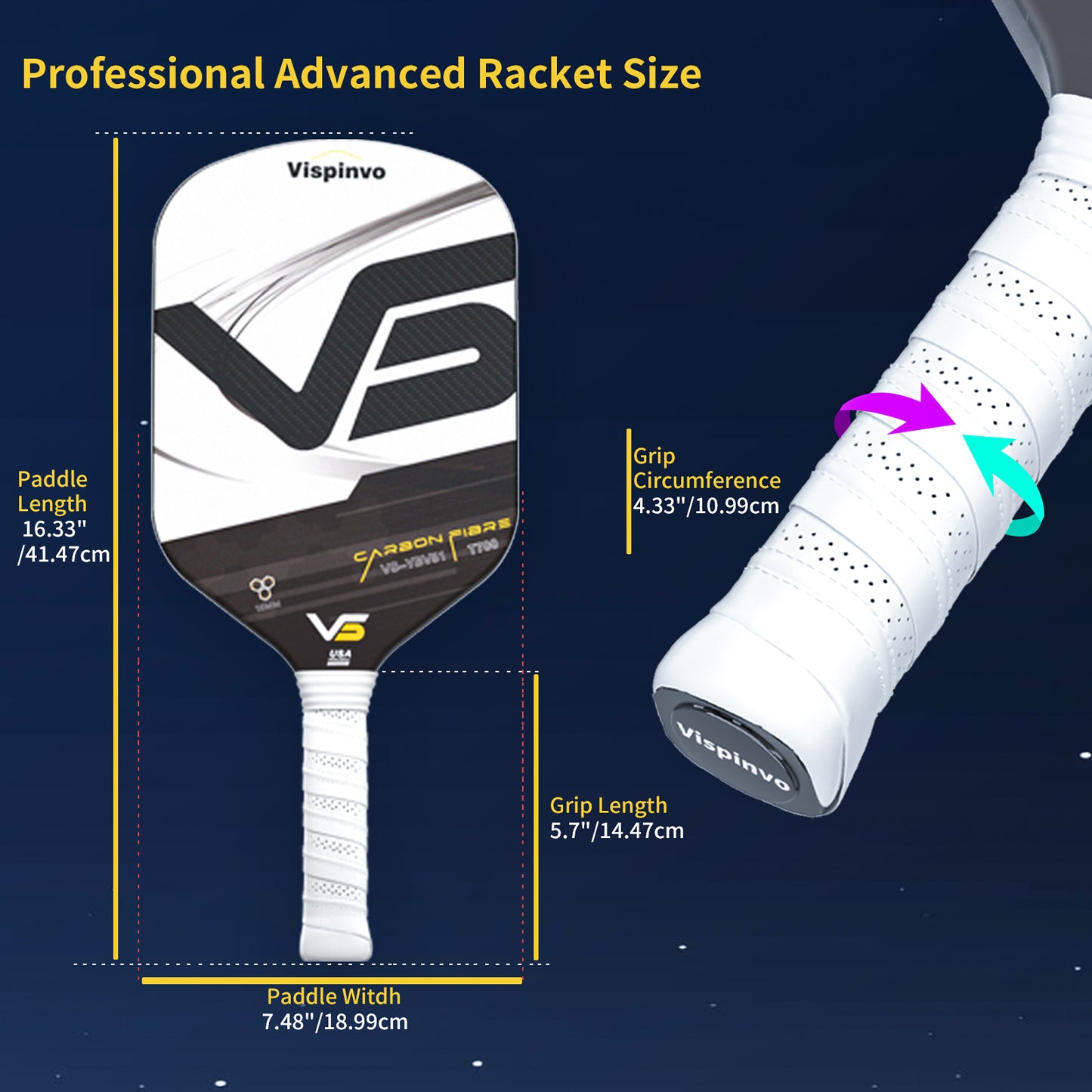 USAPA Approved High Quality Paddle, VISPINVO VS-YBV51 16MM Edgeless, 3K T700 Thermoformed Raw Carbon Fiber Pickleball Paddle, Foam Injected Edges for Expanded Sweet Spot