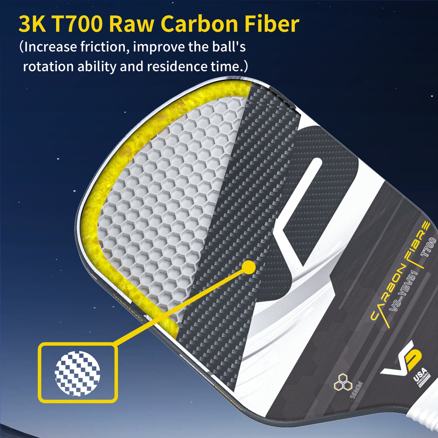 USAPA Approved High Quality Paddle, VISPINVO VS-YBV51 16MM Edgeless, 3K T700 Thermoformed Raw Carbon Fiber Pickleball Paddle, Foam Injected Edges for Expanded Sweet Spot