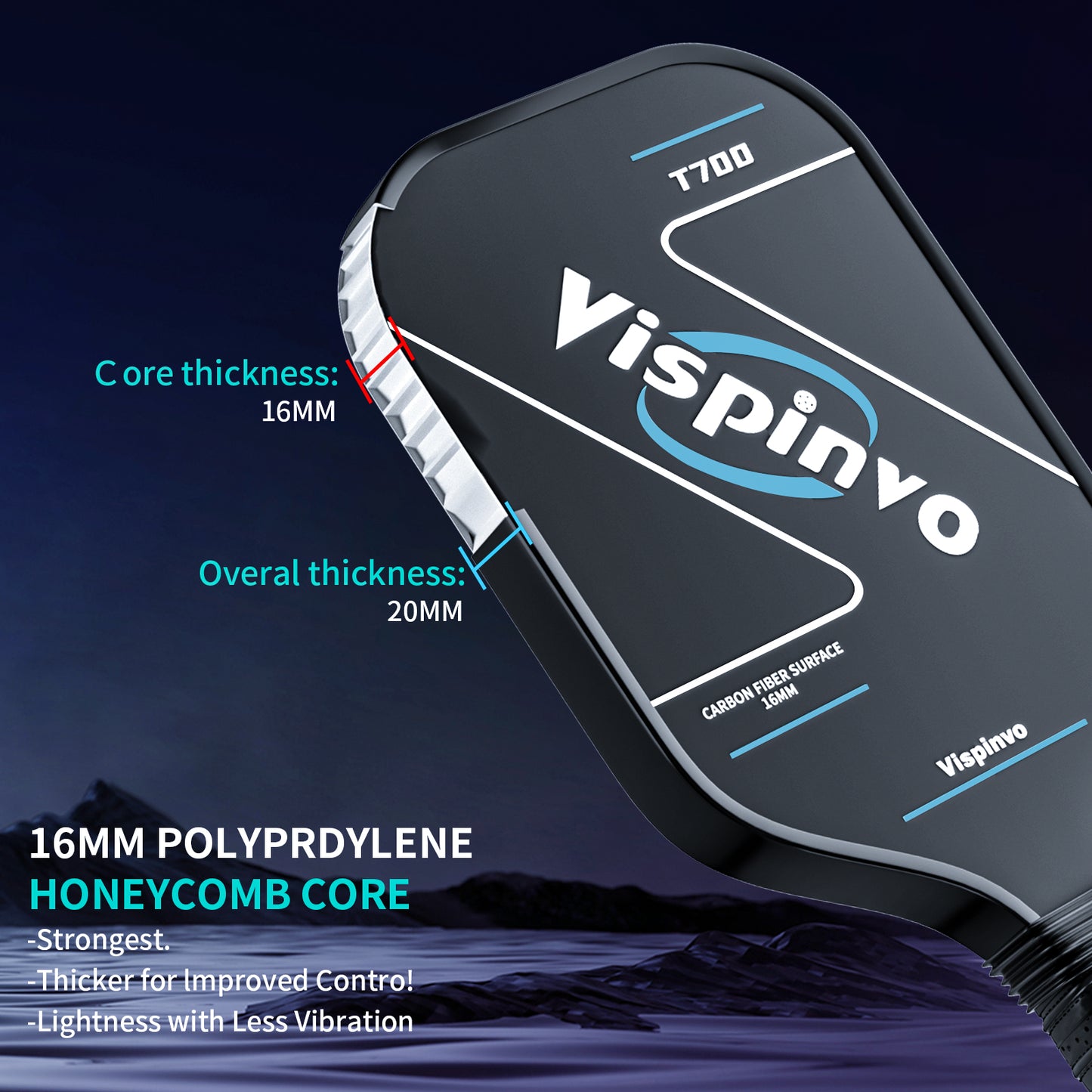 Vispinvo Carbon Fiber Pickleball Paddle(CFS), T700 Pickleball Paddles with High Grit & Spin, 16MM Polypropylene Honeycomb Core, Ideal for Novice and Professional Players