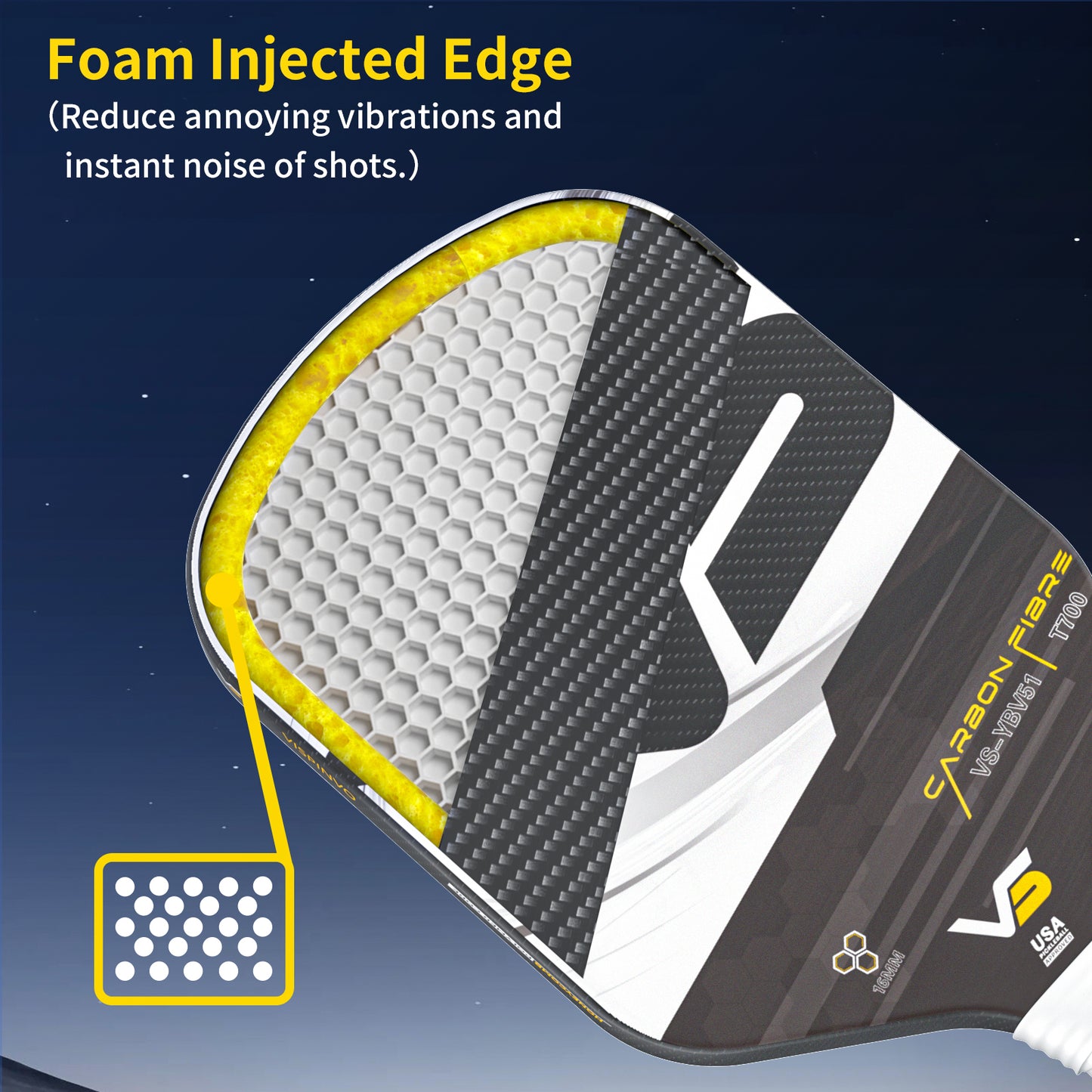 USAPA Approved High Quality Paddle, VISPINVO VS-YBV51 16MM Edgeless, 3K T700 Thermoformed Raw Carbon Fiber Pickleball Paddle, Foam Injected Edges for Expanded Sweet Spot