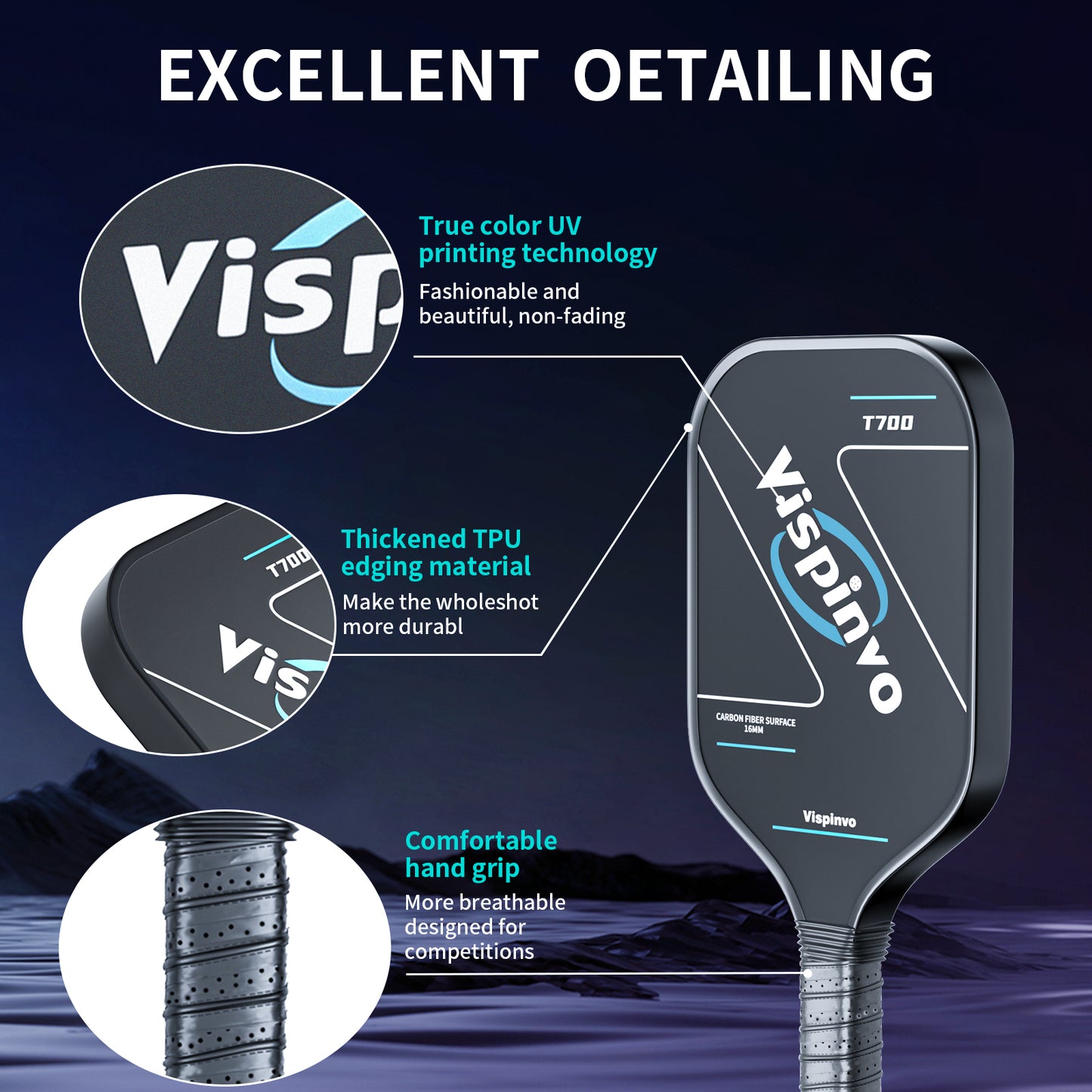Vispinvo Carbon Fiber Pickleball Paddle(CFS), T700 Pickleball Paddles with High Grit & Spin, 16MM Polypropylene Honeycomb Core, Ideal for Novice and Professional Players