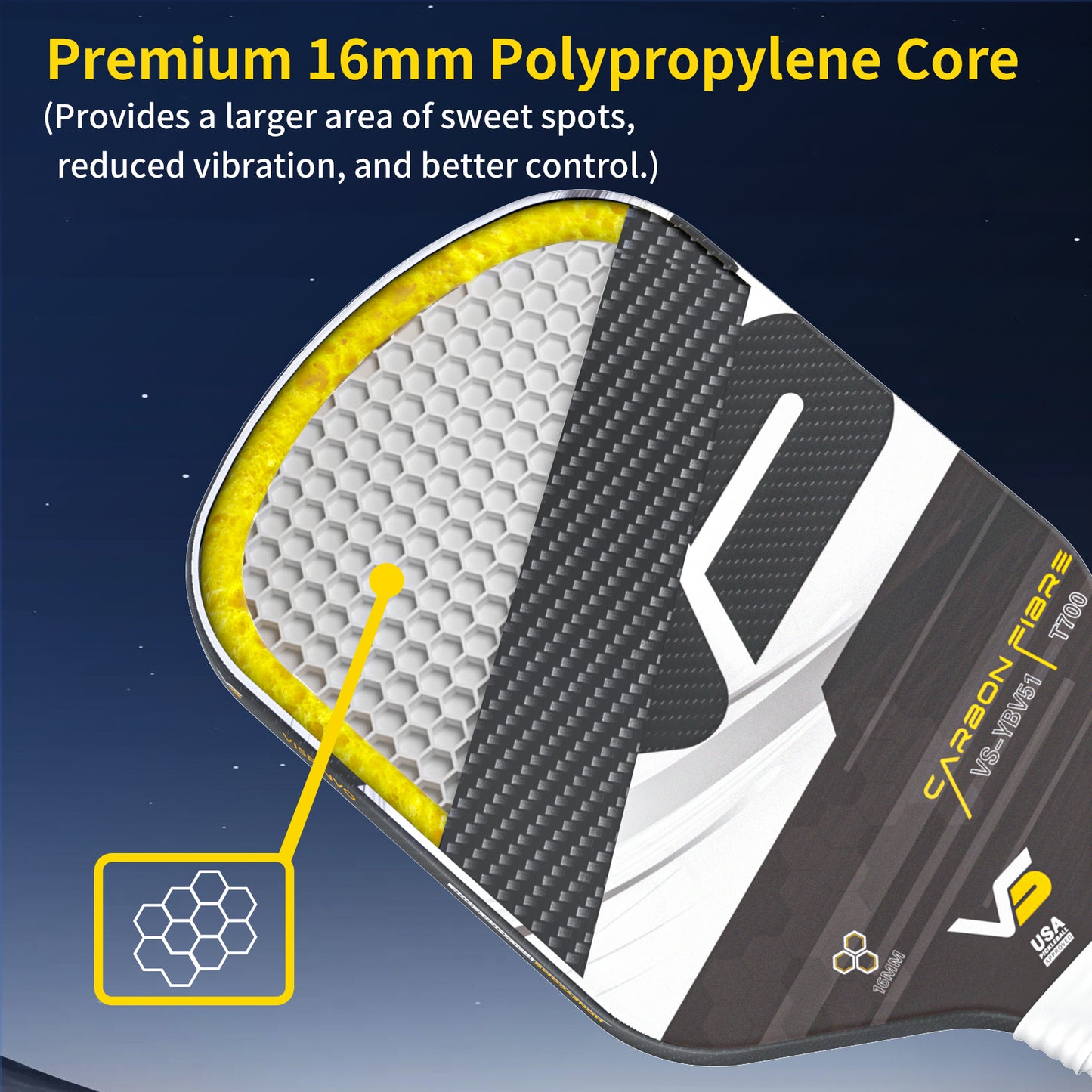 USAPA Approved High Quality Paddle, VISPINVO VS-YBV51 16MM Edgeless, 3K T700 Thermoformed Raw Carbon Fiber Pickleball Paddle, Foam Injected Edges for Expanded Sweet Spot