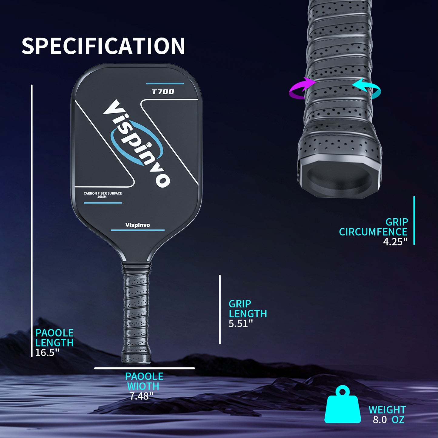 Vispinvo Carbon Fiber Pickleball Paddle(CFS), T700 Pickleball Paddles with High Grit & Spin, 16MM Polypropylene Honeycomb Core, Ideal for Novice and Professional Players