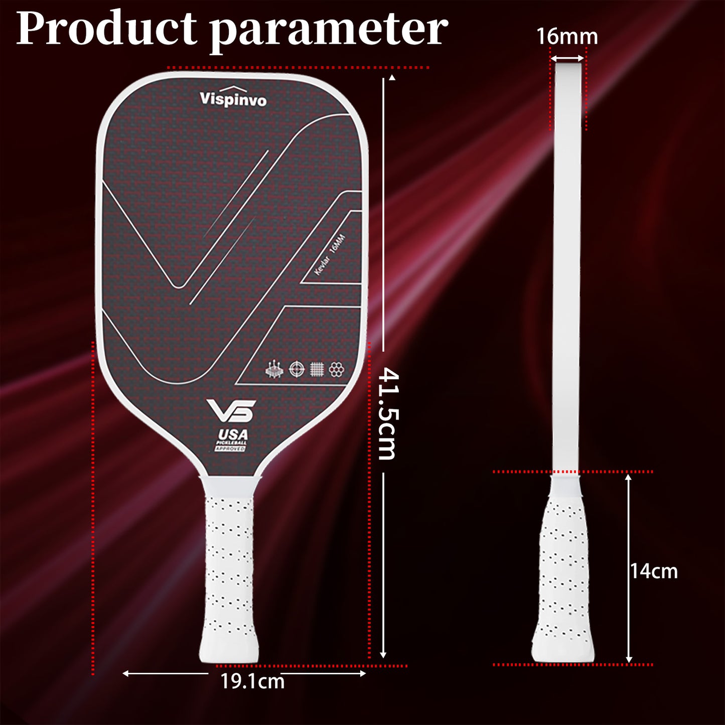 Hybrid Shape Raw Red Kevlar & Carbon Fiber Mixed Kevlar Pickleball Paddle 16mm Thermoformed High Quality With Raw Grit Tiny