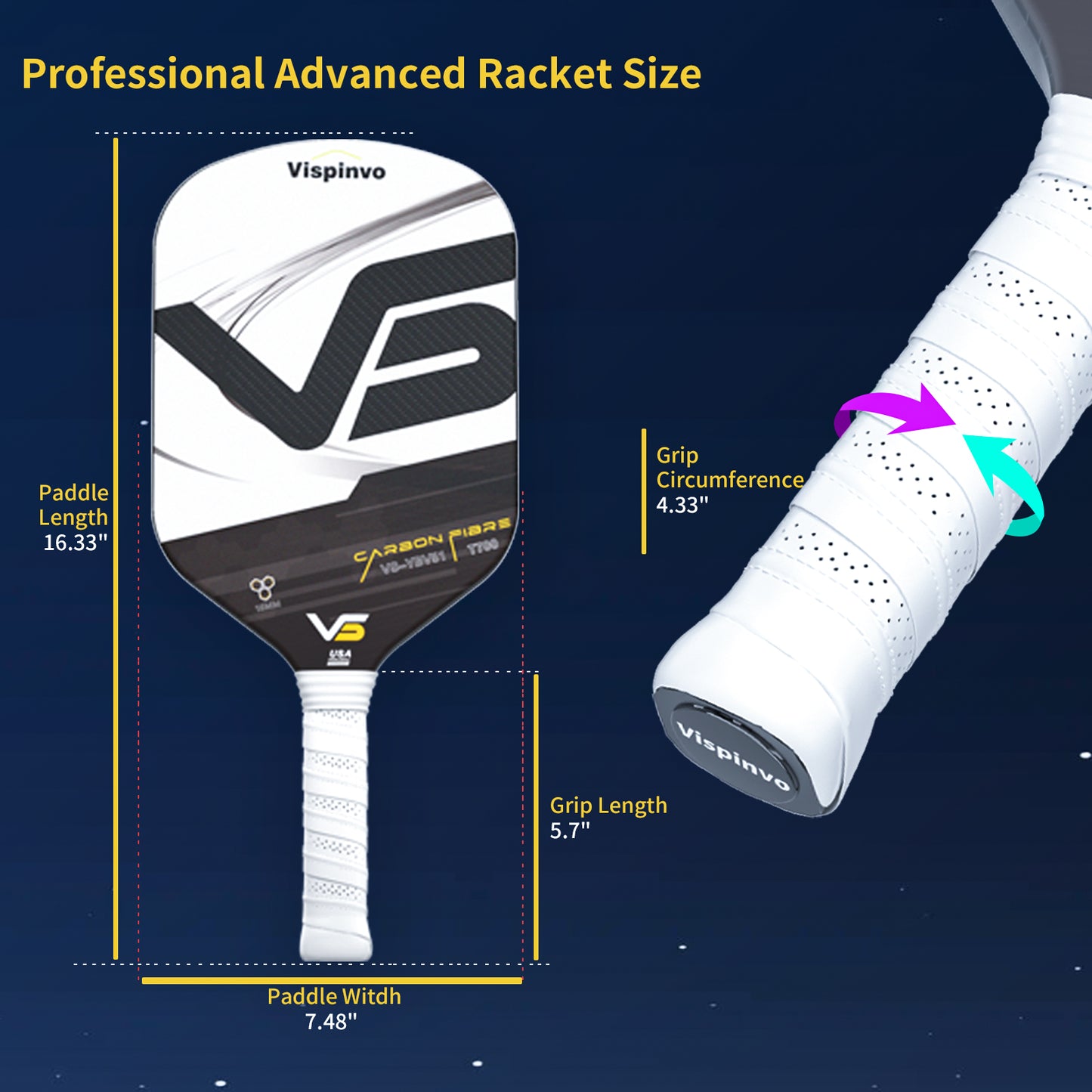 USAPA Approved High Quality Paddle, VISPINVO VS-YBV51 16MM Edgeless, 3K T700 Thermoformed Raw Carbon Fiber Pickleball Paddle, Foam Injected Edges for Expanded Sweet Spot