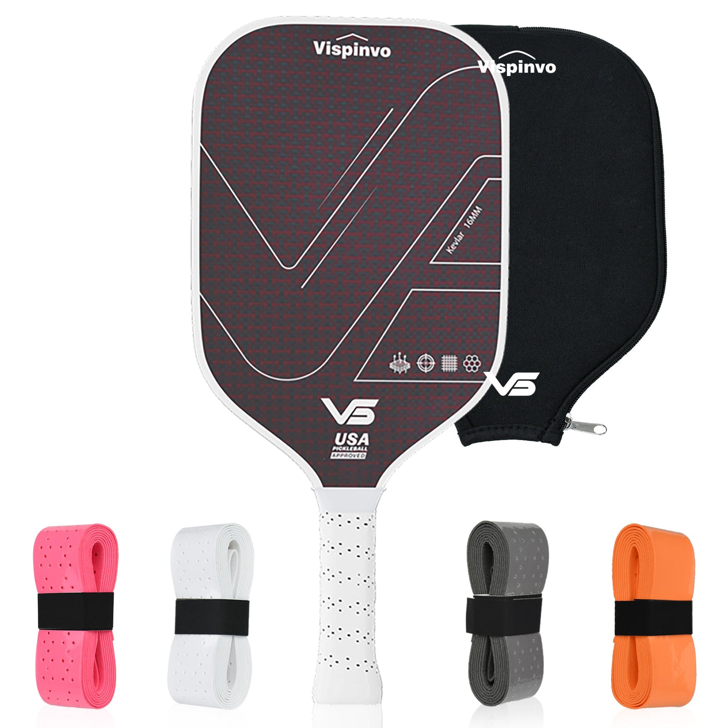 Hybrid Shape Raw Red Kevlar & Carbon Fiber Mixed Kevlar Pickleball Paddle 16mm Thermoformed High Quality With Raw Grit Tiny