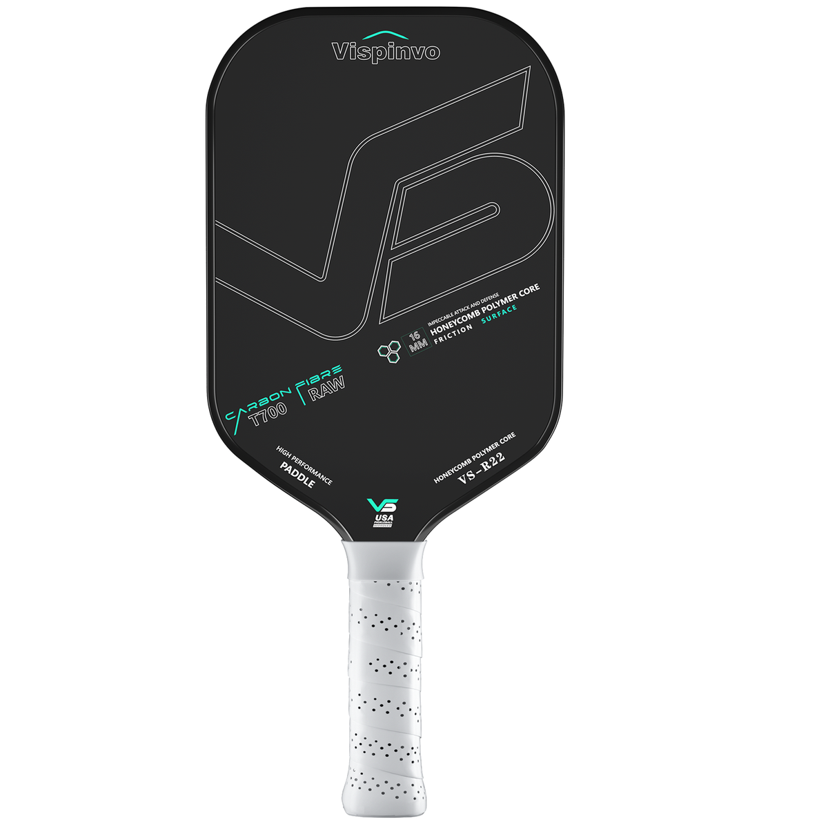 Vispinvo R22 Black Pickleball Paddle, T700 Carbon Fibre/