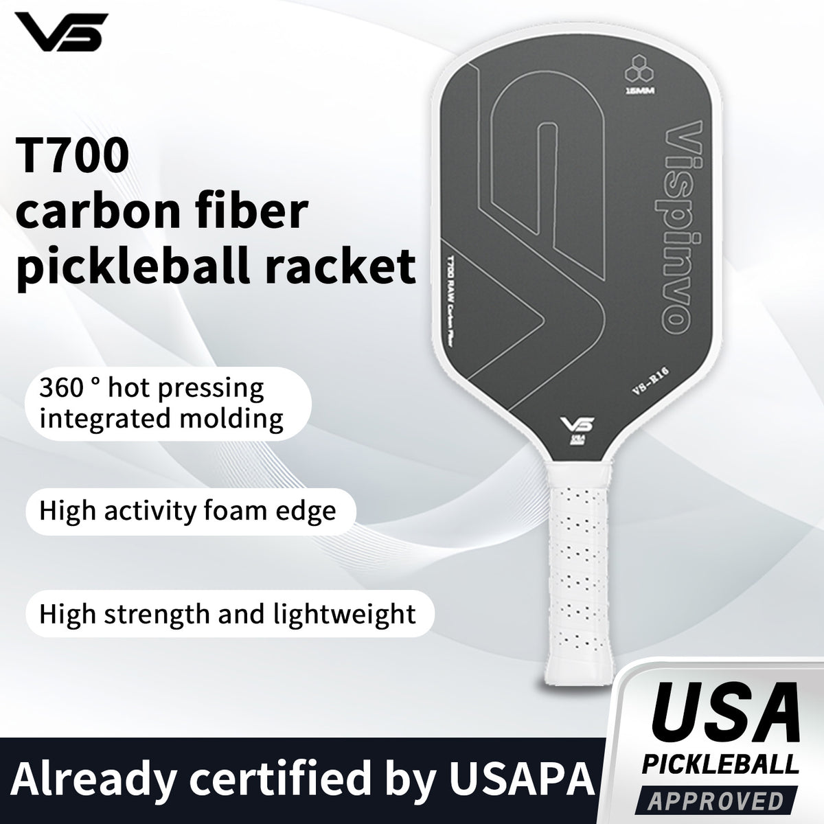 Vispinvo R16 White pickleball paddle, USAPA approved, T700 carbon fibre