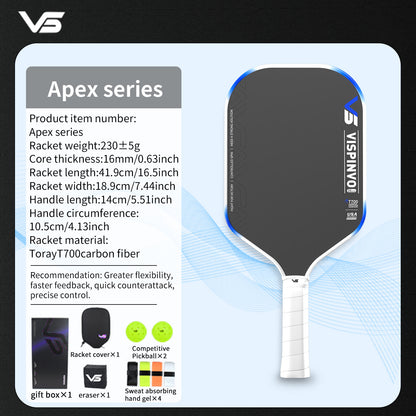 Vispinvo Apex-series Pickleball Paddles, Raw Carbon Fiber Surface, 16mm, Tech Flex Power, Propulsion Core, Elongated, Control and Balance