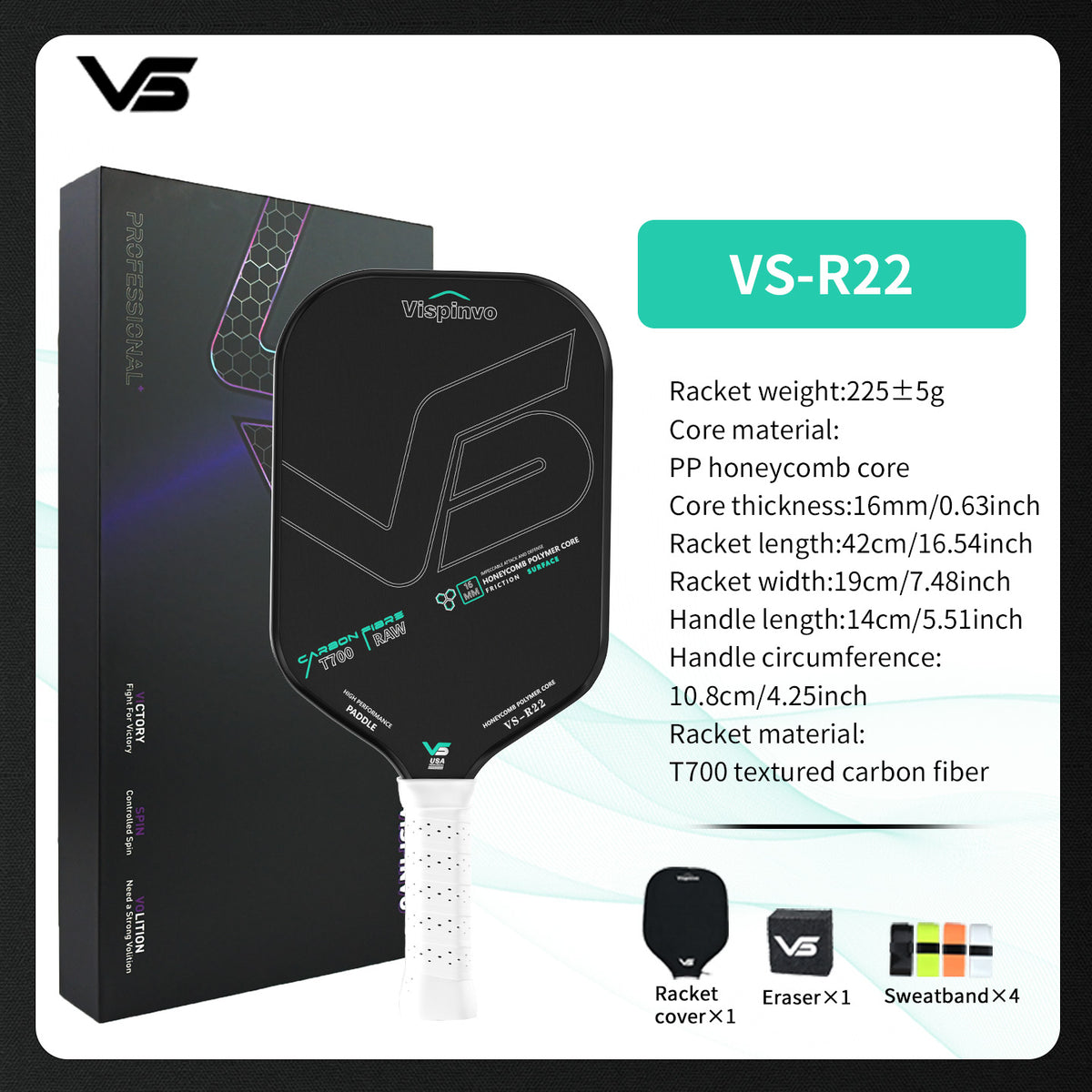 Vispinvo R22 Black Pickleball Paddle, T700 Carbon Fibre/