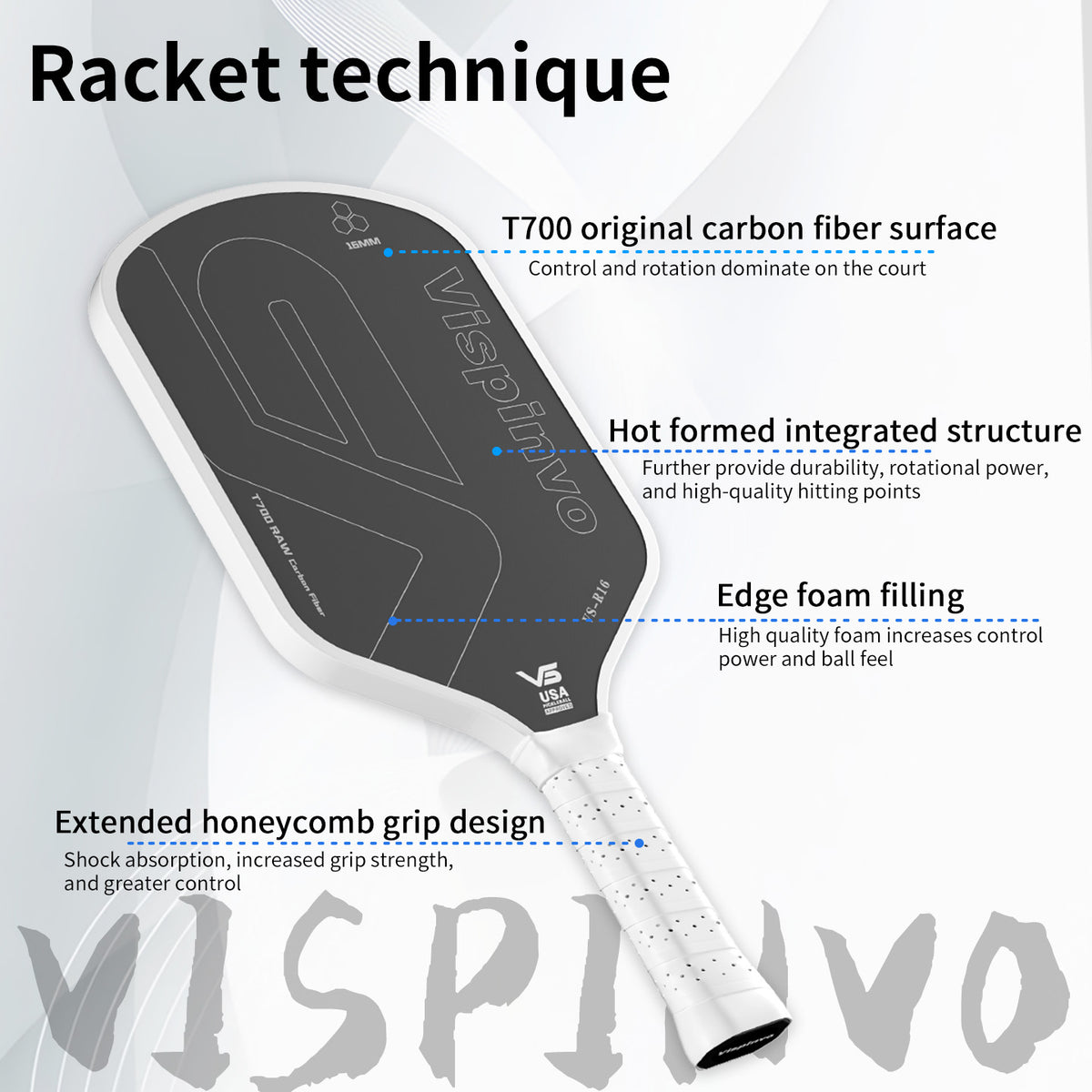 Vispinvo R16 White pickleball paddle, USAPA approved, T700 carbon fibre