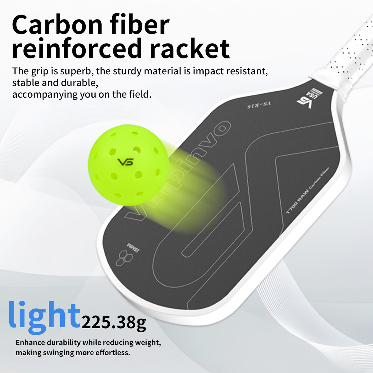 Vispinvo R16 White pickleball paddle, USAPA approved, T700 carbon fibre