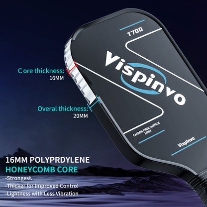 Vispinvo Carbon Fiber Pickleball Paddle(CFS), T700 Pickleball Paddles with High Grit & Spin, 16MM Polypropylene Honeycomb Core, Ideal for Novice and Professional Players