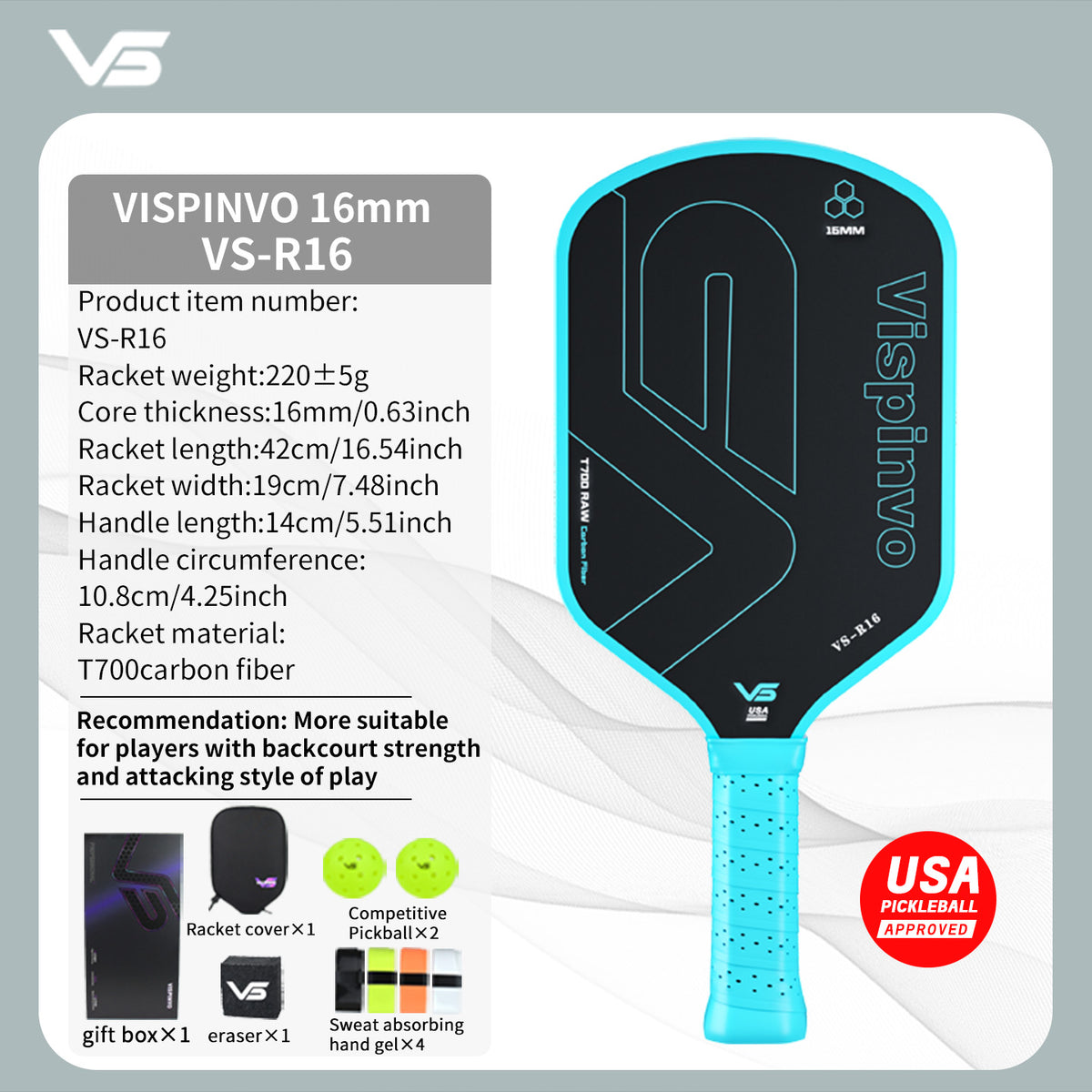 Vispinvo R16 Bule 16mm  (Tournament Ready)Paddle Details