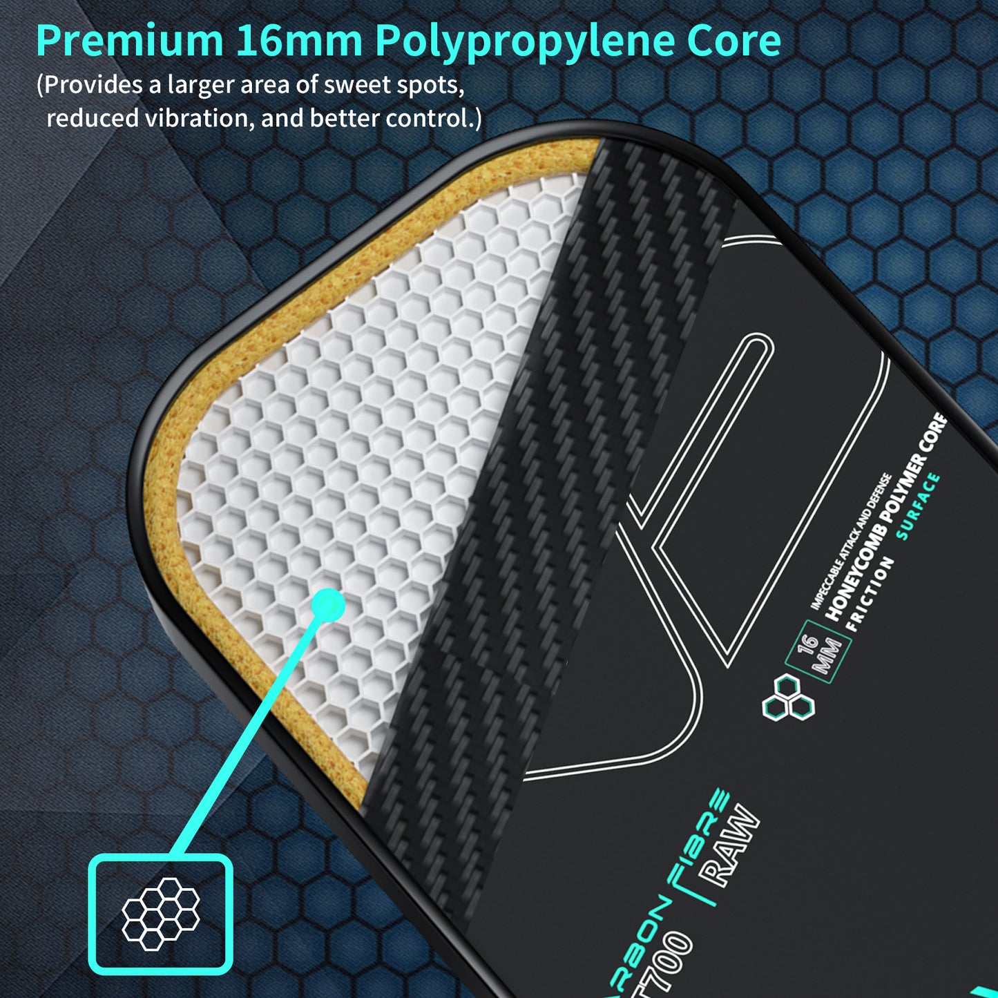 USAPA Approved, VISPINVO VS-R22 16MM T700 Thermoformed Raw Carbon Fiber Professional Pickleball Paddle, Polypropylene Honeycomb Core, Foam Injected Edges for Expanded Sweet Spot