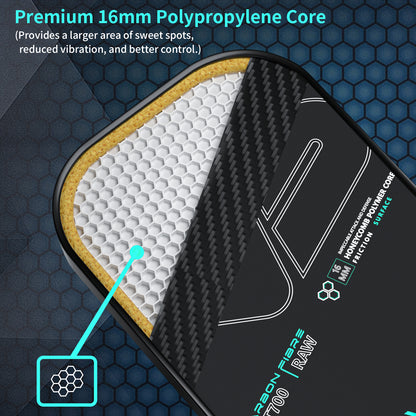USAPA Approved, VISPINVO VS-R22 16MM T700 Thermoformed Raw Carbon Fiber Professional Pickleball Paddle, Polypropylene Honeycomb Core, Foam Injected Edges for Expanded Sweet Spot