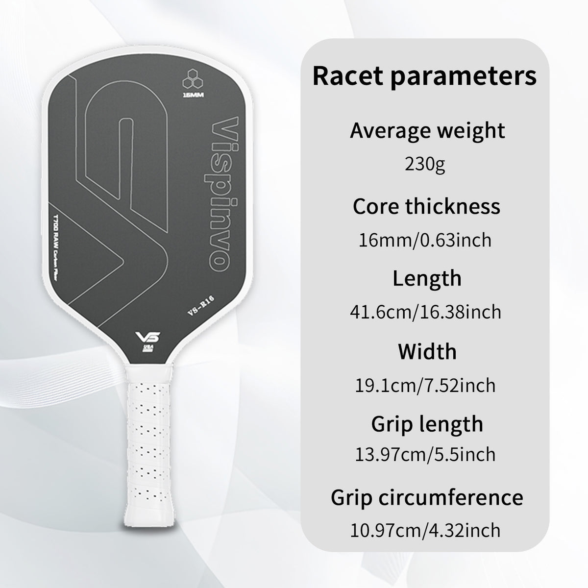 Vispinvo R16 White pickleball paddle, USAPA approved, T700 carbon fibre