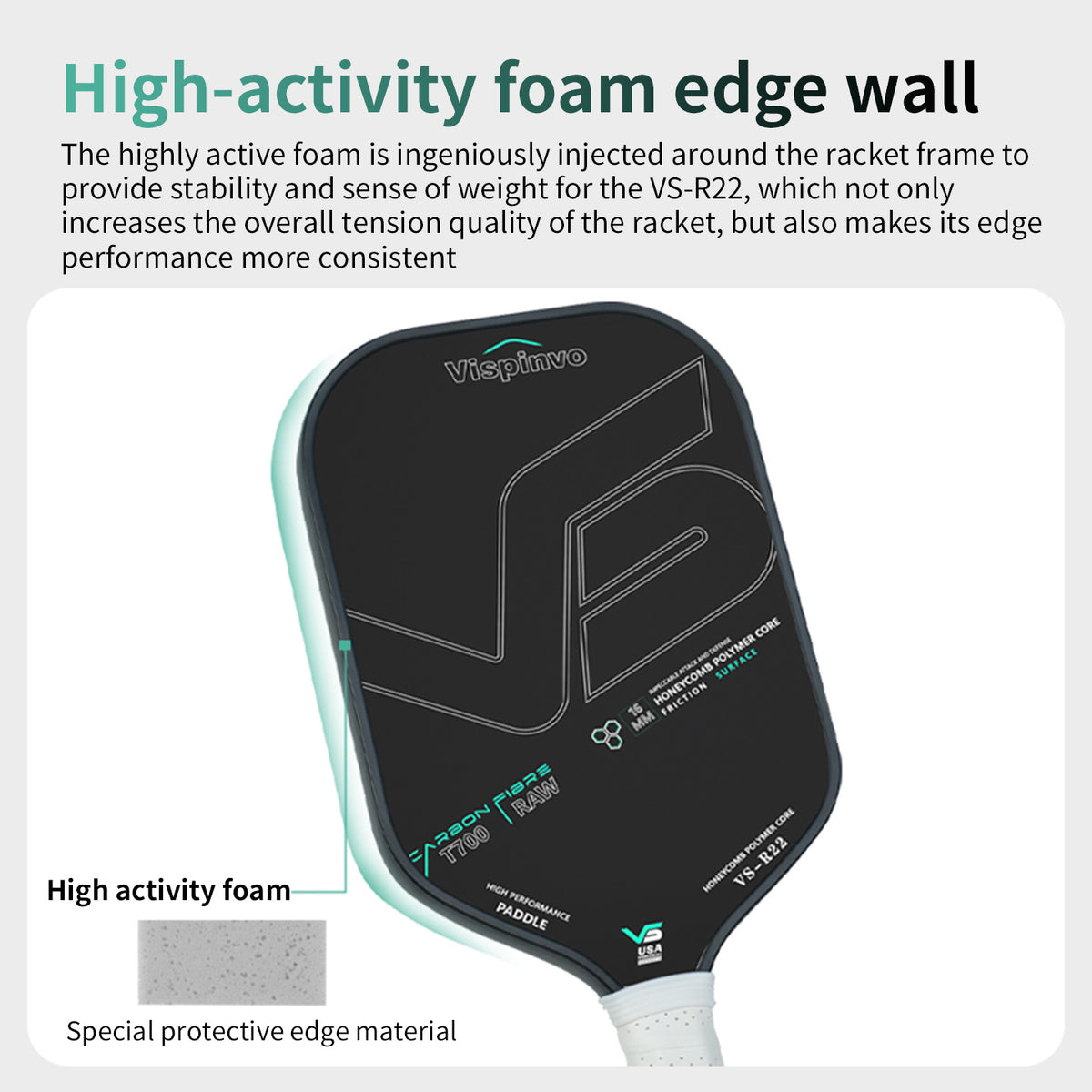 Vispinvo R22 Black Pickleball Paddle, T700 Carbon Fibre/