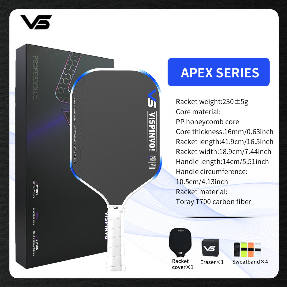 Vispinvo Apex-series Pickleball Paddles, Raw Carbon Fiber Surface, 16mm, Tech Flex Power, Propulsion Core, Elongated, Control and Balance